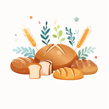 Ilustracja z r&oacute;żnymi rodzajami świeżego pieczywa, bochenkami i kromkami na przezroczystym tle.