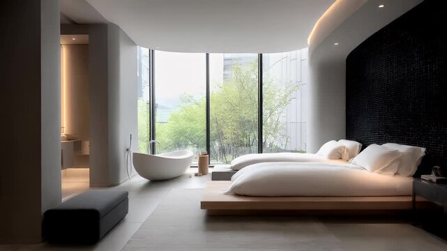 Therapy stress release treatment, health lifestyle. A modern bedroom with a large bed adorned with white bed sheets and pillows, a bathtub, a sink with a tap.