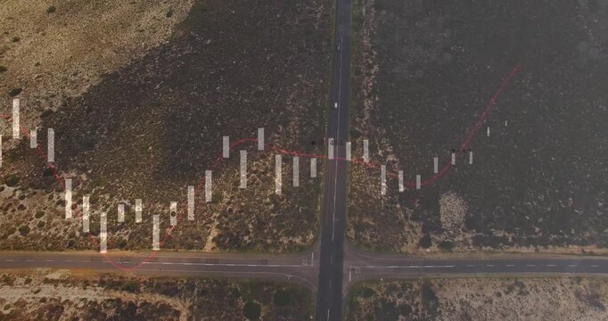 Vertical road with car crossing, live data overlaying bars and red line feeding traffic analysis