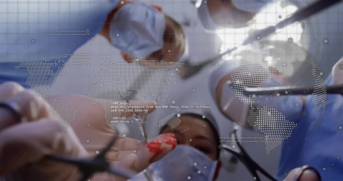 Lead surgeon starting incision, team operating with forceps, dotted map or text overlay tracking han