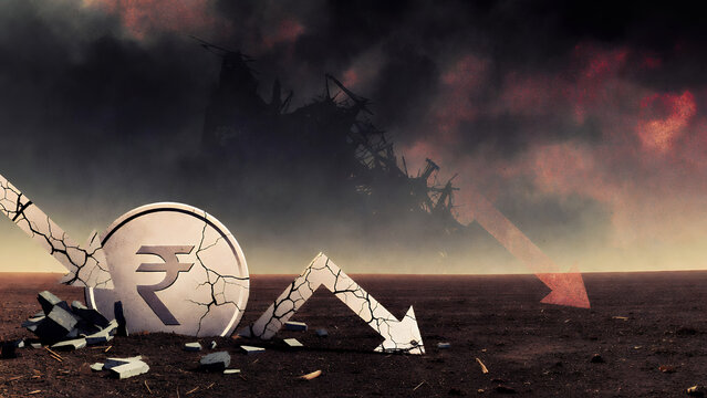 A desolate landscape illustrating a crashed Indian Rupee coin with shattered downward arrows.