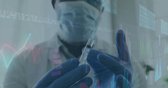 Male clinician viewing medical chart overlays, preparing syringe, drawing fluid and checking dose