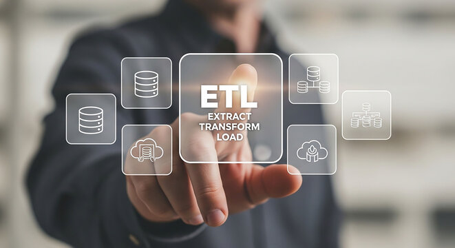 ETL Technology : A person using finger touch on ETL (extract, transform, load) words with digital database, cloud computing, data mining concept.