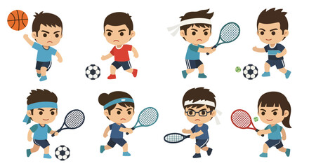 Fototapeta premium Sports kids illustration, vector style graphic, playing basketball, soccer, tennis, active lifestyle