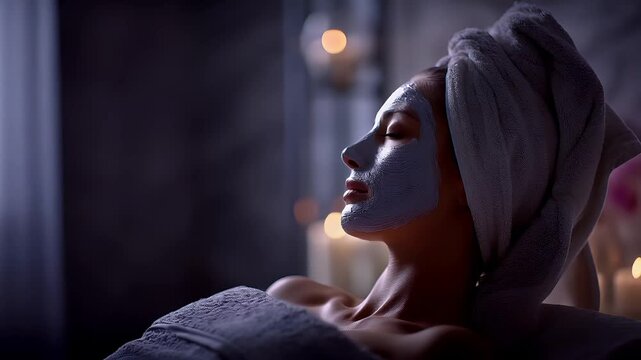 Therapy stress release treatment, health lifestyle. A woman in a spa setting, wearing a white facial mask and a white towel wrapped around her head. The background is slightly blurred.