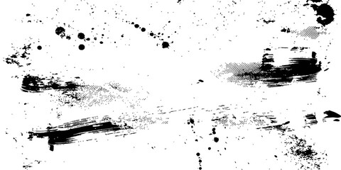 Obraz premium Black Grunge Texture Background with Paint Brush Strokes Ink Splatters and Halftone Dots Distressed Vector Overlay