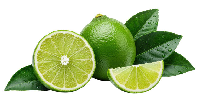 ultra-detailed macro photography of a whole key lime, half-slice showing juicy vesicles, and crisp wedge with wet citrus leaves on a transparent background. concept of purity and vitality