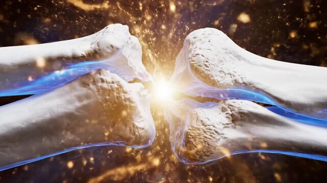 A dramatic close-up of two white bones colliding with a bright light