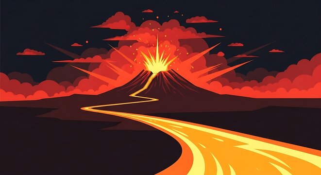 Volcanic Eruption with Flowing Lava and Fiery Sky at Night.