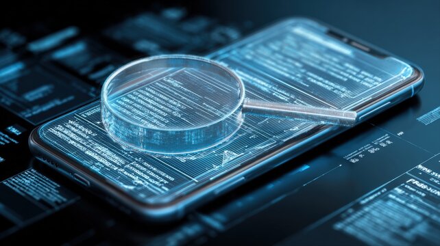 Mobile Phone Security Analysis with Magnifying Glass Examining Data Code on Screen Display in Blue