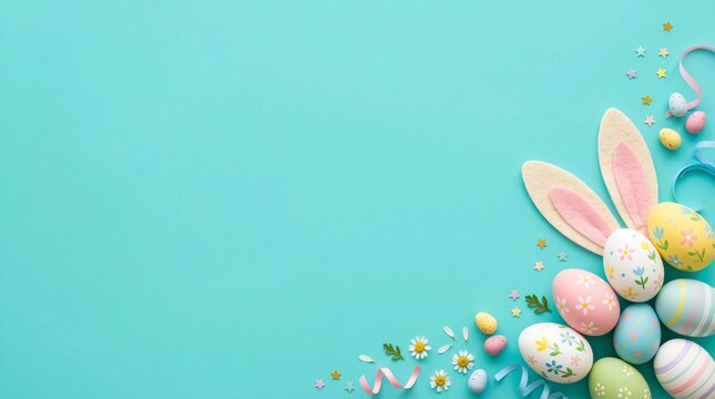 Creative Easter Eggs on Turquoise Blue Background Marketing Banner