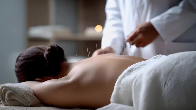 Therapy stress release treatment, health lifestyle. In this image we can see a person lying on a cloth. Also there are needles. In the background it is blur.