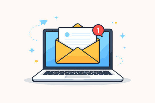 Flat vector illustration of a laptop computer with an open yellow envelope icon on the screen showing a new email notification with a red bubble and paper airplane for digital communication.