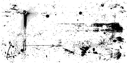 Fototapeta premium Distressed vector grunge texture background black and white abstract overlay with ink splatters scratches and halftone dots