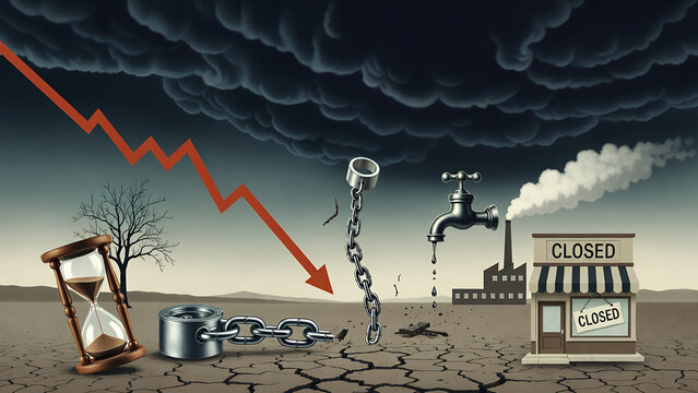 A desolate landscape portrays economic collapse with a red declining arrow, broken chain, closed shops, and dark storm clouds.