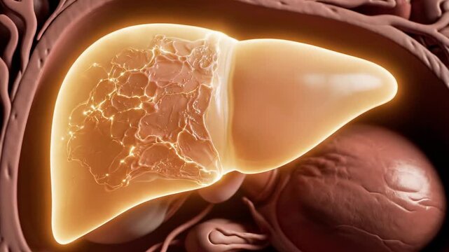 A 3D illustration of a human liver with a glowing, damaged section