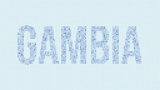Gambia dotted map animation. Digital style shape of the country. Gambia shape and title dots appear with bulb flickering effect. Intro, outro, logo, title video.