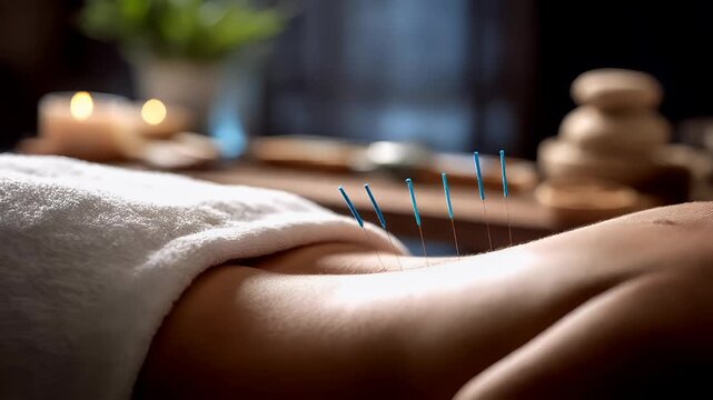 Therapy stress release treatment, health lifestyle. In this image I can see a person lying on a white cloth and I can also see few needles inserted into the persons skin. The background is blurred.