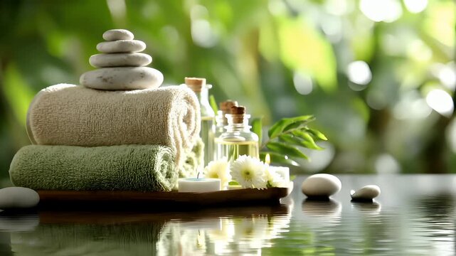 Therapy stress release treatment, health lifestyle. A tranquil spa setting with a wooden tray containing a stack of white towels, candles, and a bottle of essential oils.