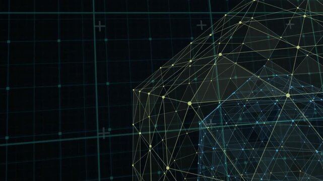 Rotating wireframe mesh revealing inner blue core on dark teal grid with yellow nodes, copy space