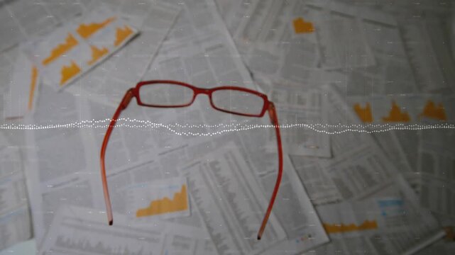 Camera pulling back, red glasses sliding to center, waveform highlighting business charts