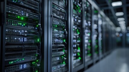 Naklejka premium Data center featuring rows of servers and blinking lights, illustrating information technology infrastructure