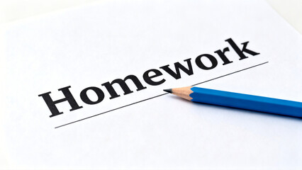Blue pencil on homework sheet with text and underline, education concept