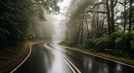 Obraz premium Winding Wet Road Through Misty Rainforest with Lush Greenery