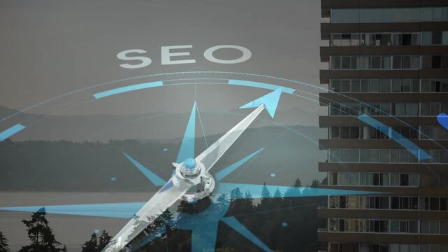 Semi-transparent 3D compass rotating at start, aligning needle toward SEO to boost visibility