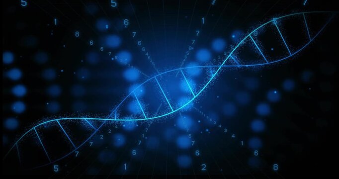 Appearing cyan stroke tracing double helix swaying across dark grid, with numeric digits and bokeh