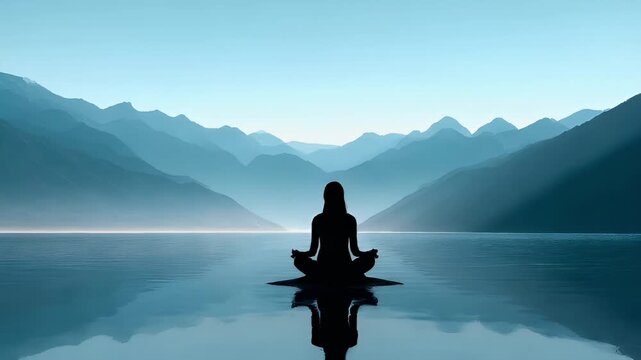 Zen Buddhism, meditation, inner peace, Chinese Japanese Asian tradition. Therapy stress release treatment, health lifestyle. A person meditating in a tranquil lake surrounded by majestic mountains.