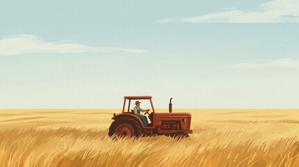 Farmer Driving Tractor Wheat Field