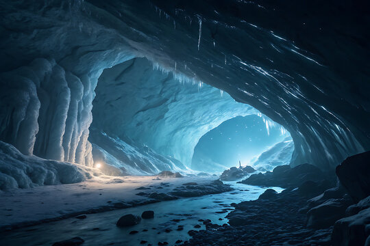 Abstract minimalist Amarnath Cave, glowing ice formation, dark serene atmosphere.
