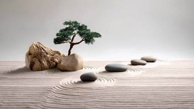Zen Buddhism, meditation, inner peace, Chinese Japanese Asian tradition. Therapy stress release treatment, health lifestyle. A tranquil zen garden with a solitary pine tree perched atop a rock.