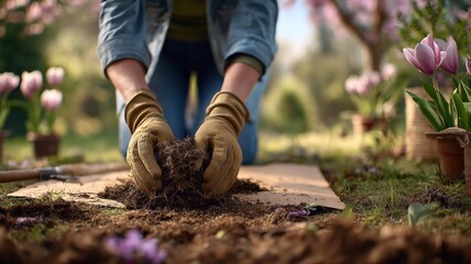 Fototapeta premium Gardener Preparing Soil for Planting Flowers in Spring Garden, Wearing Gloves, Gardening, Tending Plants, Outdoors
