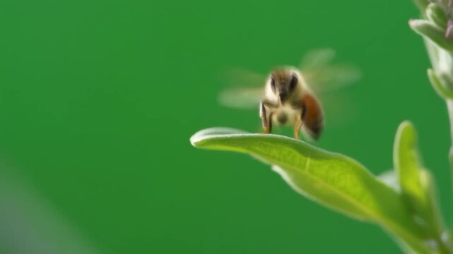 Close-up view of a honey bee in flight approaching a green leaf captured with wings extended against a softly blurred natural background
