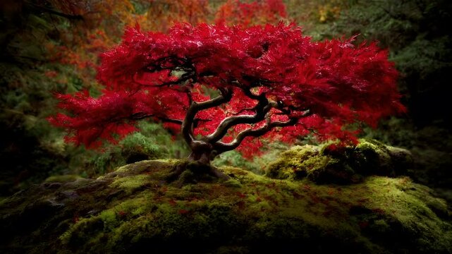 Zen Buddhism, meditation, inner peace, Chinese Japanese Asian tradition. Therapy stress release treatment, health lifestyle. A Japanese maple tree with vibrant red leaves in a mosscovered rock.