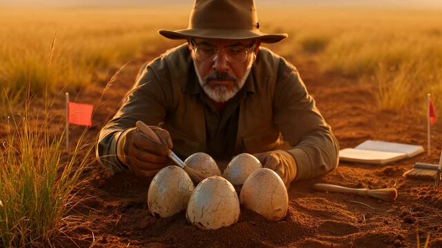 Man conducts excavation of dinosaurus eggs in field at sunset viewpoint
