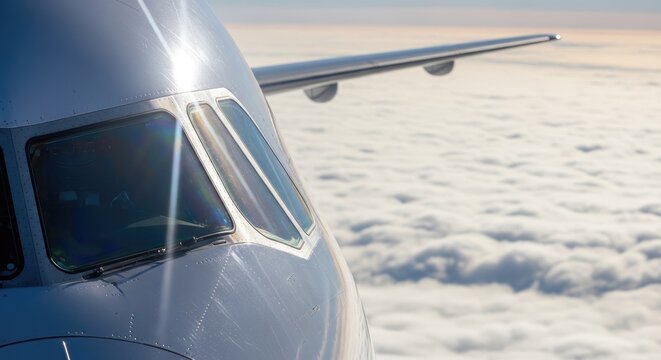 Airplane Cockpit Soaring Above the Clouds.