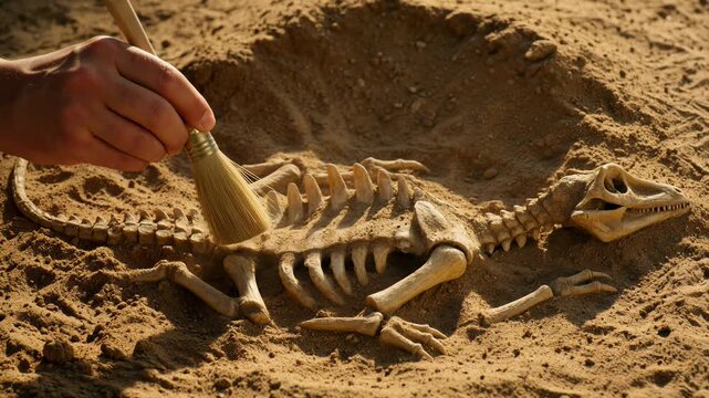 Archaeologist's careful excavation reveals dinosaurus skeleton in sandy terrain