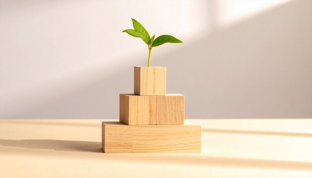 Building a strong wealth foundation with wooden blocks and growing plant