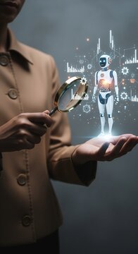 Person with Magnifying Glass Examining Holographic AI Robot with Digital Data Interface, Illustrating Advanced Technology Research and Development Photography.