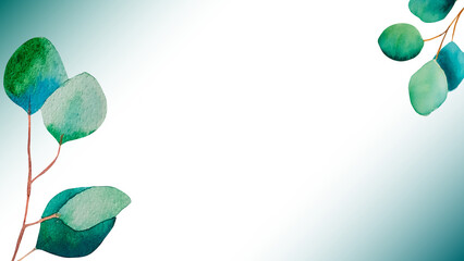 Graceful watercolor eucalyptus foliage with gentle green and blue hues, creating a tranquil botanical border on a pristine background for artistic designs © asasima