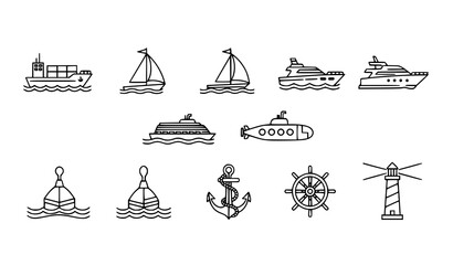 Minimalist black and white nautical transport icons with cargo ship yacht submarine and lighthouse vector isolated on transparent background © MdRoni