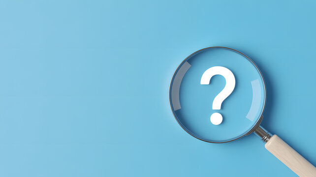 Magnifying glass with question mark on blue background symbolizing search inquiry investigation concept