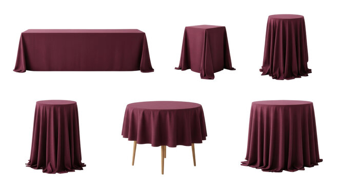 five detailed views of tables draped in deep burgundy linen tablecloths showing architectural folds, isolated against a seamless transparent studio background. concept for luxury event design mockups