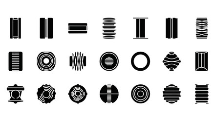 Collection of abstract black and white geometric shapes, including circular and rectangular forms, displayed in a grid pattern on a plain background