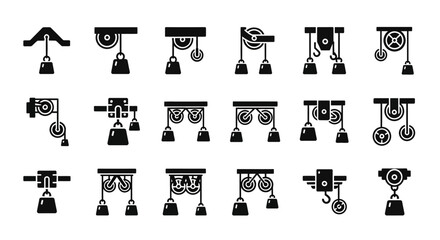 Collection of Various Industrial Machinery Icons and Symbols in Black Illustrations