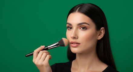 Obraz premium Young Woman Applying Makeup With Brush Face Powder Foundation Natural Beauty Studio Portrait Green Background Elegant Makeup Application Detailed