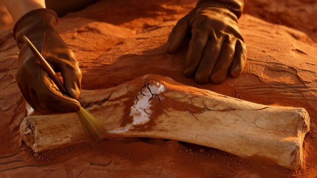 Archaeologist's excavation hands carefully brush away dirt from ancient fossil bone